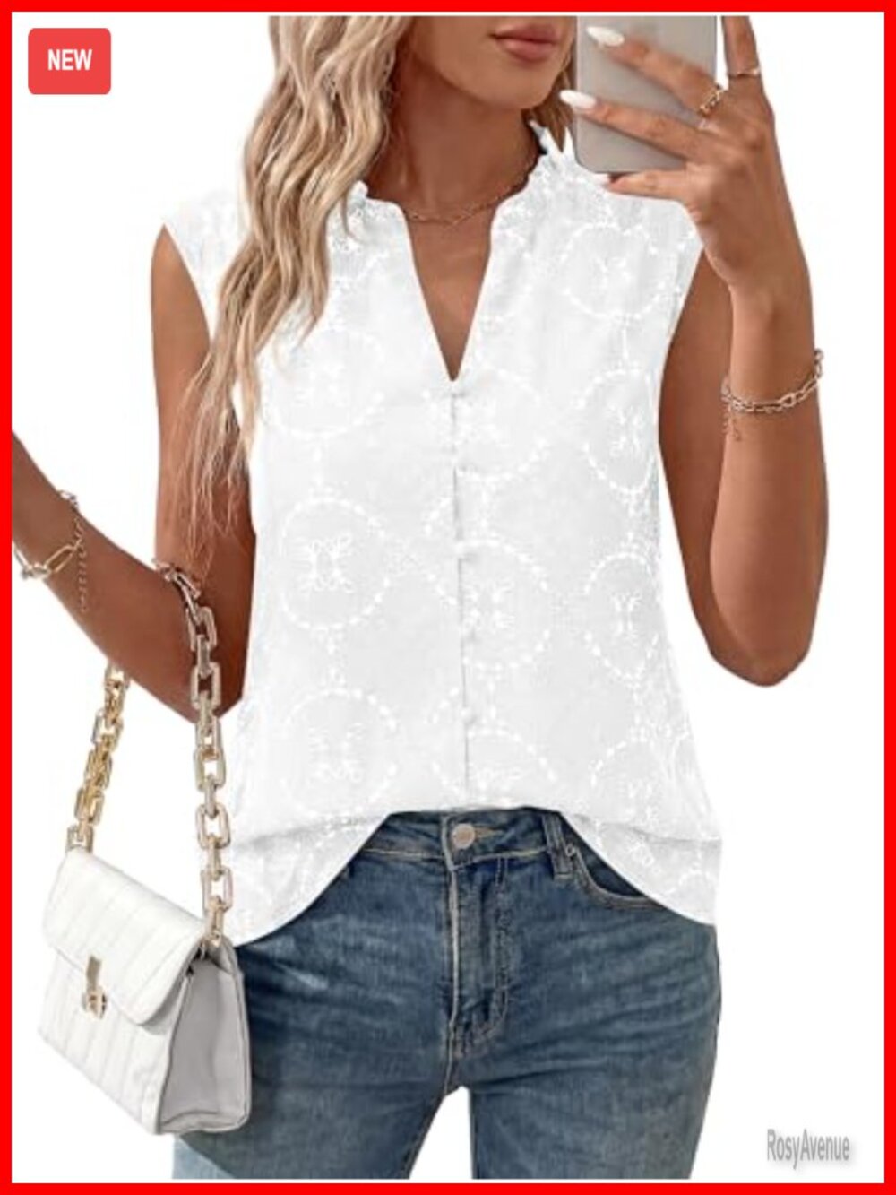 Sleeveless Boho Blouse - Eyelet Embroidered Cotton Button Down Shirt
